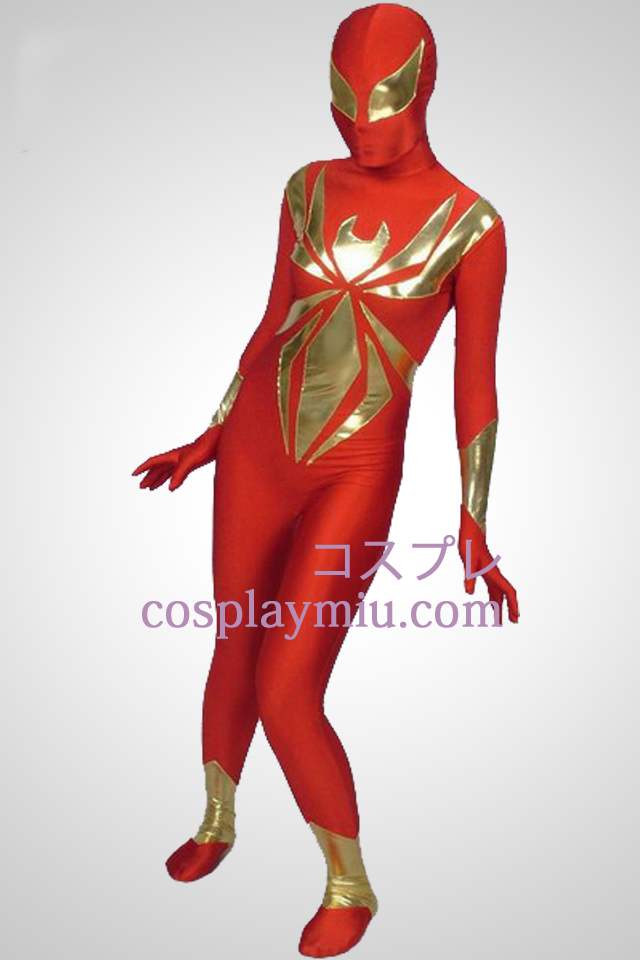 Red Lycra And Shiny Metallic Piece Together Superhero Zentai Suit